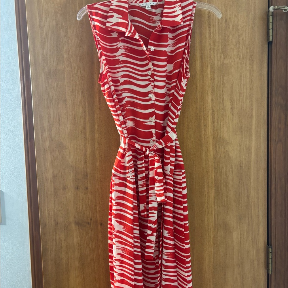 CAbi Red and White Sleeveless Midi Shirt Dress
